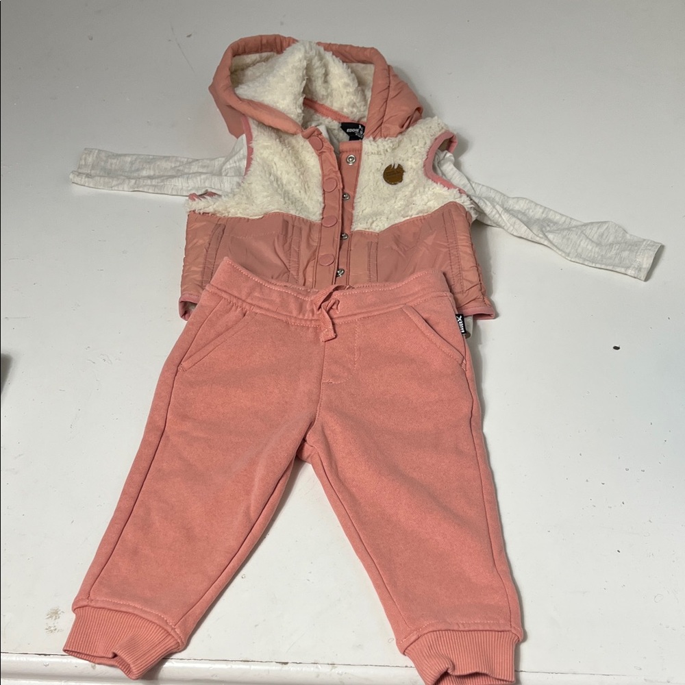 Eddie Bauer 12 Month 3 Piece Outfit Jogger with Vest and Long Sleeve T Pink